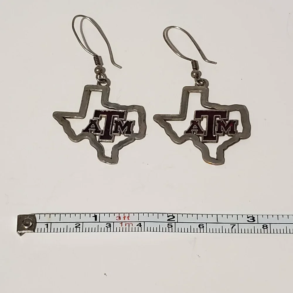Silver Texas A&M Earrings Pierced French Hook Dangle Drop Aggies‎ TAMU Maroon